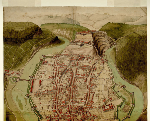 [Vue de Besançon à vol d'oiseau. Plan très détaillé de la ville et des fortifications qui l'entourent] [dessin] , [S.l. : Besançon ?] : [s.n.], [vers 1710]