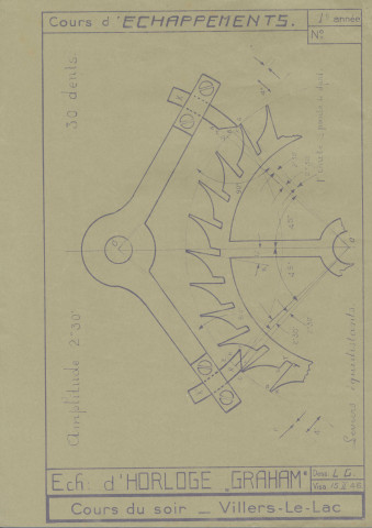 66MDT2 - dessins imprimés d'échappement anglais, d'échappement d'horloge « Graham », d'échappement à dents pointus, d'échappement à chevilles, du calibre 5 , de tracé à impulsion partagé (1946).