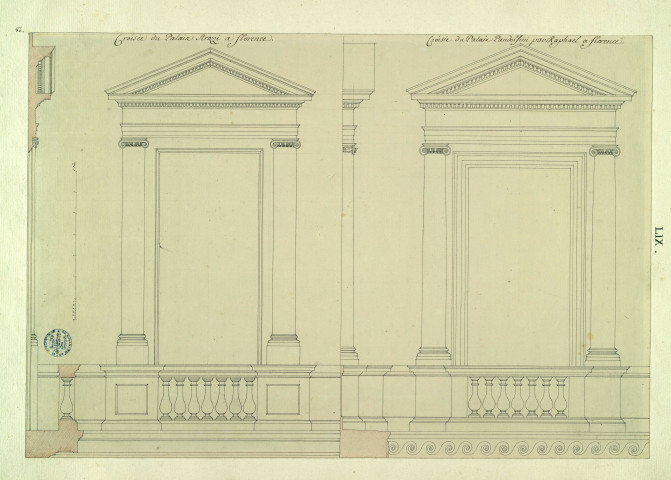 Croisées du palais Pandolfini, par Raphaël, et du palais Strozzi à Florence / Pierre-Adrien Pâris , [S.l.] : [P.-A. Pâris], [1700-1800]