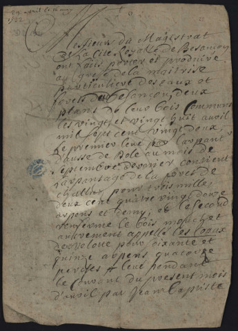 Pièces diverses :
- Plans de la forêt de Chailluz (fin XVIIe).
- Mémoires de la Ville contre les négligences de l'agent de chantier de Battant pour la vente du bois de chauffage provenant de la forêt de Chailluz (1784).
- Visite des forêts de la Ville par l'autorité municipale (1778).
- Construction d'une maison de garde dans la forêt de Chailluz (1784).
- Difficultés de la Ville avec l'adjudication du quart en réserve de la forêt de Chailluz (1772-1774).