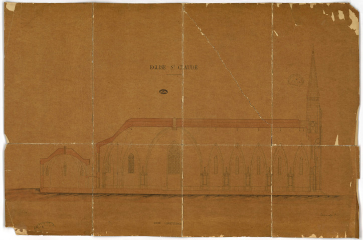 Eglise Saint-Claude, projet de construction, coupe longitudinale : plan (brouillon, s.d.).