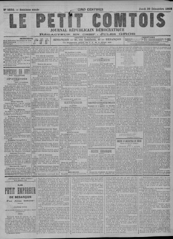 29/12/1898 - Le petit comtois [Texte imprimé] : journal républicain démocratique quotidien