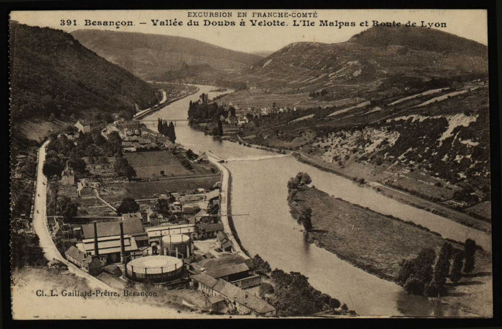 Besançon - Vallée du Doubs à Velotte. L'Ile de Malpas et Route de Lyon [image fixe] , Besançon : Edit. L. Gaillard-Prêtre - Besançon, 1912/1930
