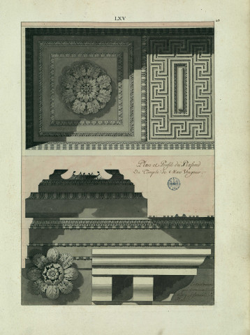 Plan et profil du plafond du temple de Mars Vengeur. Entablement qui terminait le mur qui formait la place / Pierre-Adrien Pâris , [S.l.] : [P.-A. Pâris], [1700-1800]