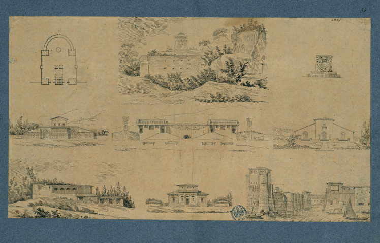 Vues et plan de différents édifices / Jean-Baptiste-Louis Le Faivre , [S.l.] : [J.-B.-L. Le Faivre], [1700-1800]