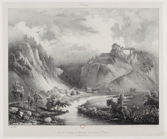 Vue du château de Joux, prise des bords du Doubs [estampe] : Franche-Comté / A. Joly , [Paris] : lith. de Engelmann, 1828