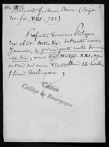 Ms 1834 - Notes et documents relatifs à l'ancien Collège de Bourgogne à Paris (1331-1804) (tome I). Notes d'Auguste Castan (1833-1892)