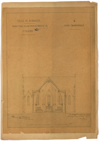 Eglise Saint-Claude, projet de construction, coupe transversale : plan dressé par Alphonse Delacroix le 20 février1854 et approuvé par le Conseil municipal le 1er mars 1854 (porte le n°4).