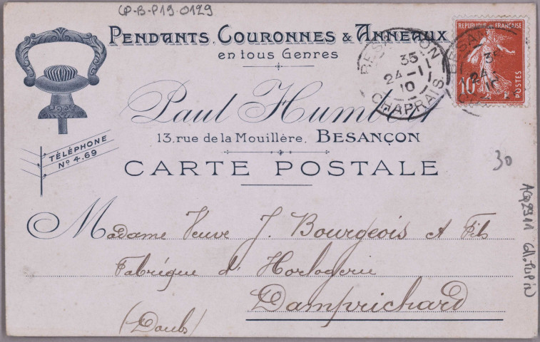 [Pendant, couronnes & anneaux en tous genre - Paul Humbert 13 rue de la Mouillères, Besançon] [image fixe] , 1904/1910