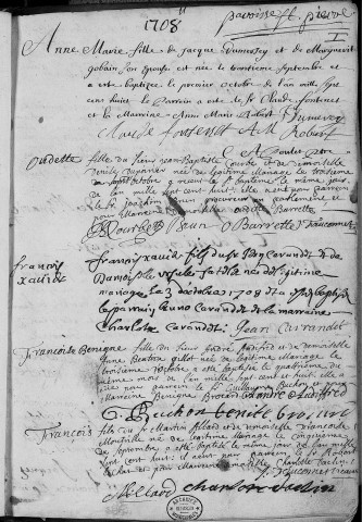 Paroisse Saint Pierre : baptêmes (naissances), mariages (30 septembre 1708 - 25 décembre 1721)