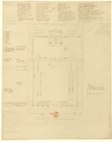 Versailles [Dessin] : lit de justice et salle des Notables : plan d'un lit de justice à Versaille avec les noms des personnalités qui devaient y prendre place , 1750/1799