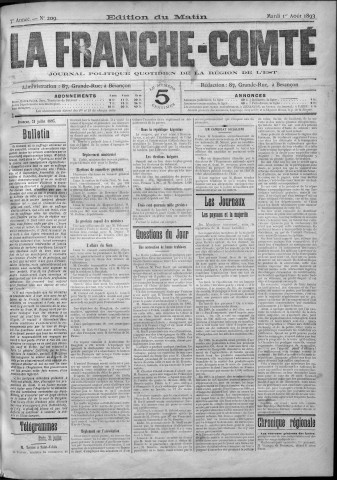 01/08/1893 - La Franche-Comté : journal politique de la région de l'Est