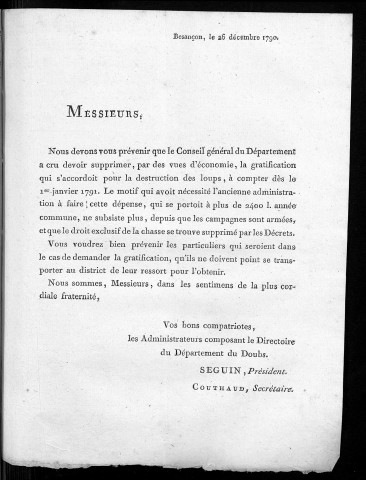 [ Circulaire du Directoire du département du Doubs du 26 décembre 1790]