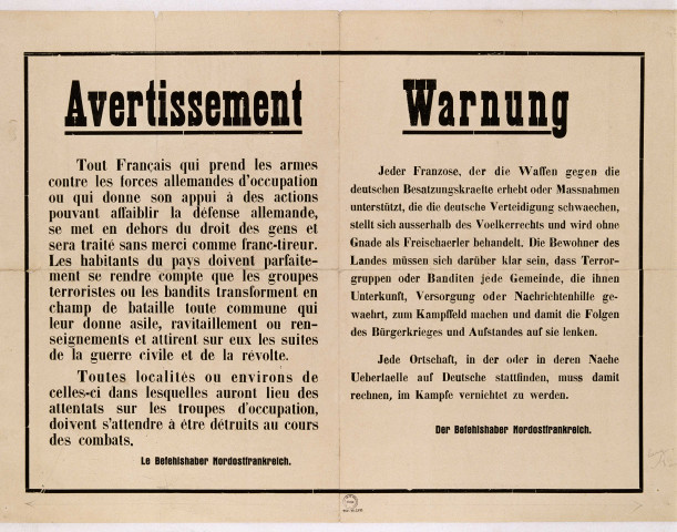 Avertissement-Warnung contre l'aide à la résistance ou les actes de résistance, affiche