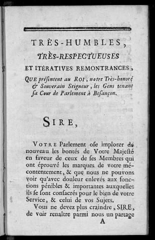 Très humbles, très respectueuses et itératives remontrances présentées au Roi par le Parlement de Besançon [arrêté le 17 Mai 1759]