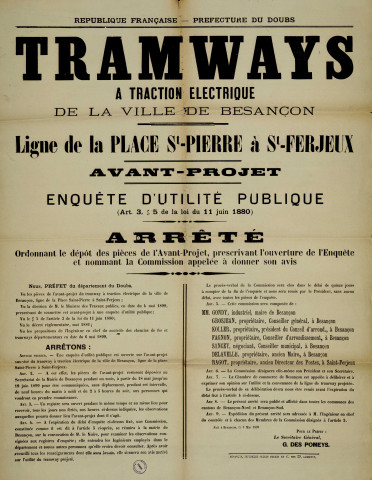 Ligne de tramway reliant la place Saint-Pierre à Saint-Ferjeux, élaboration du tracé de la ligne : délibérations du conseil municipal, pétitions, correspondance (1897-1898) ; modification de la convention d'exploitation : délibérations du conseil municipal, projet d'avenant, rapport, correspondance (1898-1902) ; dossier d'avant-projet (1898-1899) ; réalisation des travaux : arrêté préfectoral, délibérations du conseil municipal, procès-verbal de reconnaissance des travaux, rapports, affiche, correspondance, copie de décret (1899-1903) ; projet de modification du trottoir du pont Canot : rapport, avant-métré, plans (1900) ; abaissement de la voie sur le pont Canot : rapport, attachements, plans, correspondance (1900-1901) ; réclamations : pétitions, notes, correspondance (1904) ; modification des horaires et des tarifs : délibération du conseil municipal, rapport, pétition, correspondance (1904-1919) ; création d'une voie d'ensablement sur la rampe des abattoirs : délibération du conseil municipal, rapport, correspondance (1920-1921) ; réfection des voies sur le pont Battant : correspondance (1921) ; modification du tracé au niveau des abattoirs : plan (s.d.).