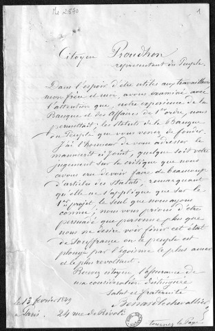 Ms 2870 - Bénard (Théodore-Napoléon) et Bénard-Lechevallier. "Observations sur le projet de statuts de la Banque du Peuple".