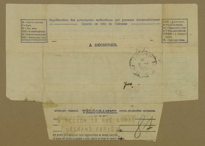 Ms Z 639-1617 - Télégramme de Henri Matisse adressé à George Besson, daté du 02 janvier 1948.