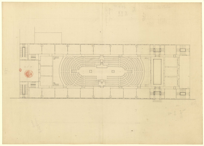 Versailles [Dessin] : plan d'un amphithéâtre de forme ovale allongée pour l'Assemblée nationale , 1750/1799