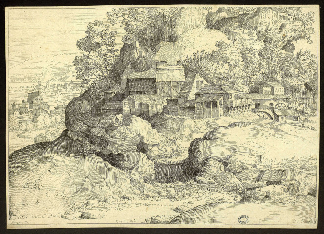 [Paysage rocheux avec un village et un moulin à eau] [image fixe] / Georgeon In. C. Sculp. , 1712/1765