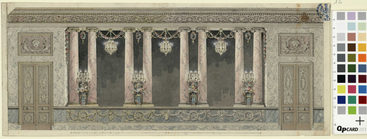 Projet d'une salle à manger (élévation du petit côté) pour les bals de la Reine au château de Versailles, dans une maison de bois dressée dans la cour royale, en 1785 / Pierre-Adrien Pâris , [S.l.] : [P.-A. Pâris], [1700-1800]