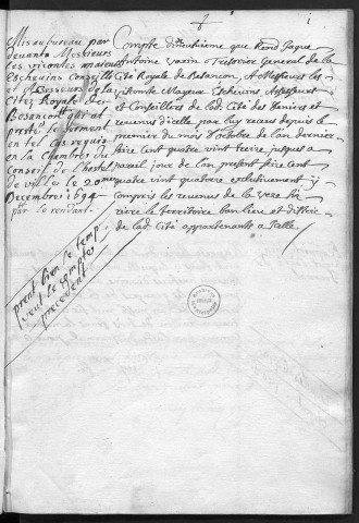 Comptes de la Ville de Besançon, recettes et dépenses, Compte de Jacques Antoine Varin (1er octobre 1693 - 30 septembre 1694)
