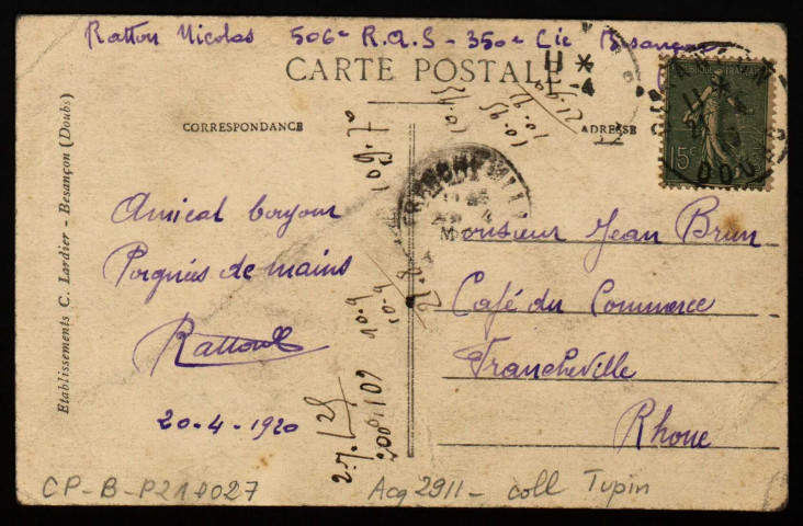 Besançon. - Caserne Brun 506 R. A. S [image fixe] , Besançon : Etablissements C. Lardier, 1915/1920