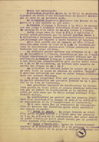 Sapeurs-pompiers : Matériel : catalogues, publicités (1925-1932), avertisseurs : consignes d'installation (1888-1925) Plan ; Installation de sonneries au domicile des pompiers officiers (1888-1932), affiches (1891) ; Pompes automobiles (1837-1953) ; Extincteurs (1905-1926) ; divers (1901-1950)