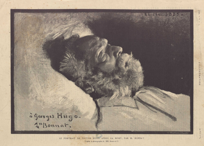 Le portrait de Victor Hugo après sa mort, par M. Bonnat [image fixe] / D'après la photographie de M. Braun et Ce. ; Le Riverend-Dochy 1885