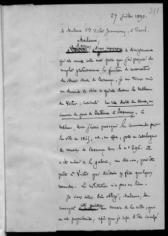 Ms 1830 - Affaires diverses concernant des tableaux du Musée de Besançon (1889-1890), p. 310-330 (tome V)