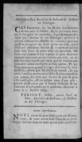 Entretiens d'un docteur en théologie avec deux dames de qualité, sur les modes dans les vétements