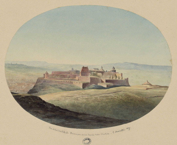 Vue de la Citadelle de Besançon prise depuis Trois Chatels [dessin] /  Pierre Marnotte , [Besançon] : P. Marnotte,
