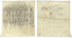 Recto : les kommandos sur la place d'appel ; verso : A l'arrivée après la désinfection, dessin de Léon Delarbre