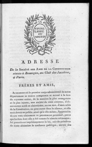 Adresse de la Société des amis de la Constitution séante à Besançon, au Club des Jacobins, à Paris