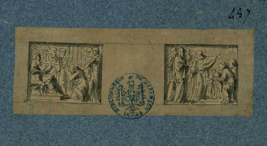 Deux scènes avec personnage le bras étendu (seigneur rendant la justice ? ; Jésus enseignant aux foules ?) / Calques de Pierre-Adrien Pâris d'après des dessins de Moreau le dessinateur , [S.l.] : [P.-A. Pâris], [1700-1800]