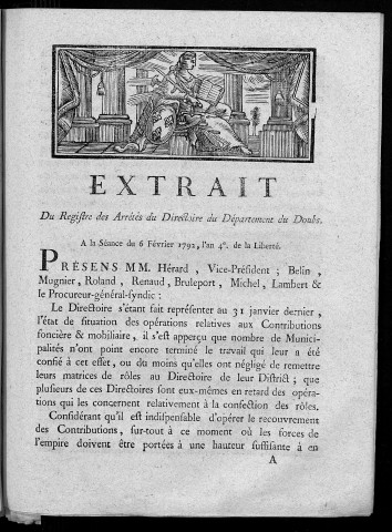 Extrait des registres des arrêtés du Directoire du département du Doubs, à la séance du 6 février 1792, l'an 4e de la liberté