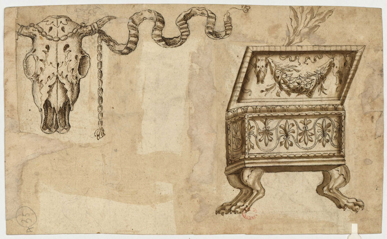 Homme assis au bras levé : au verso : crâne d'animal (boeuf ?) et coffre ouvert sur pieds en forme de pattes de lion [Image fixe] , [S.l.] : [s.n.], [années 1510-1560 ?]