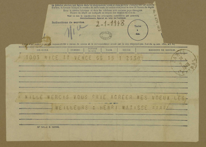 Ms Z 639-1617 - Télégramme de Henri Matisse adressé à George Besson, daté du 02 janvier 1948.