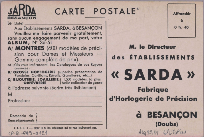 [carte commeciale demande de catalogue de la fabrique d'Horlogerie de précision SARDA]. [image fixe] , 1904/1930