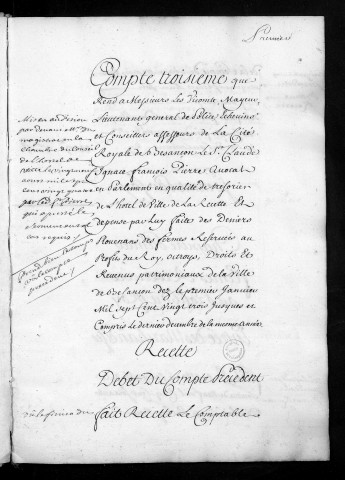 Comptes de la Ville de Besançon, recettes et dépenses, Compte de Claude Ignace François Pierre (1723)