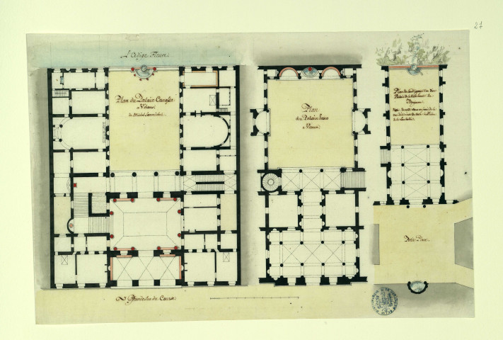 Plan du palais Canossa à Vérone. Plan du palais Loschi à Vicence. Plan de la disposition d'un palais de la ville haute à Bergame / Pierre-Adrien Pâris , [S.l.] : [P.-A. Pâris], [1700-1800]