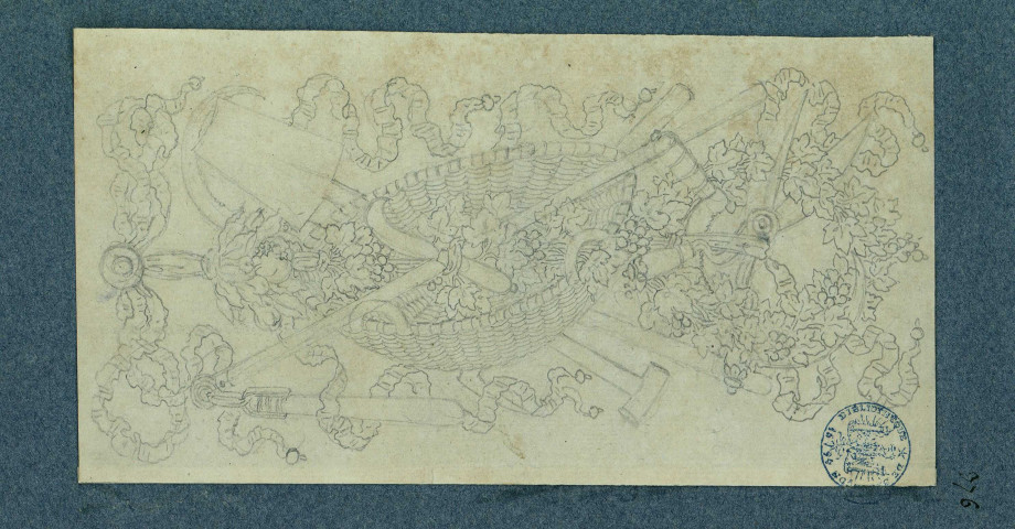 Composition décorative sur le thème de la vigne : fléau, bêche, serpe, panier, secateurs, grappes et feuilles de vignes ; rubans / Pierre-Adrien Pâris , [S.l.] : [P.-A. Pâris], [1700-1800]