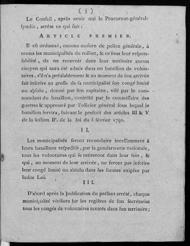 Arrêté du Conseil général du département du Doubs. Du 7 décembre 1792, l'an 1er de la République française