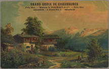 Avis de passage publicitaire de Grand choix de chaussures, prix fixe, maison A. Fourain et Cie, 8 Grande rue, Besançon au recto, comprenant une image (23,5 sur 14,5 cm).