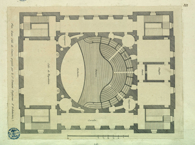 Plan d'une salle de concert, projetée par Dumont professeur d'architecture / Gabriel-Martin Dumont , [S.l.] : [s.n.], [1700-1800]
