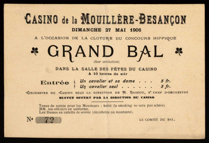 Besançon. - Carton d'invitation du Grand Bal du Casino de la Mouillère [image fixe] , 1904/1906