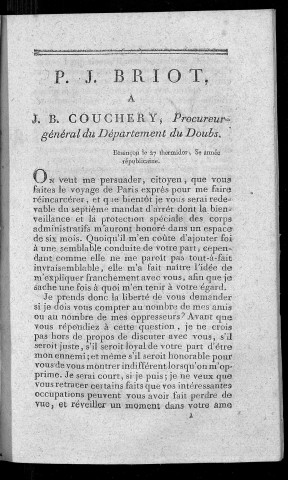 Lettre de P. J. Briot à J. B. Couchery
