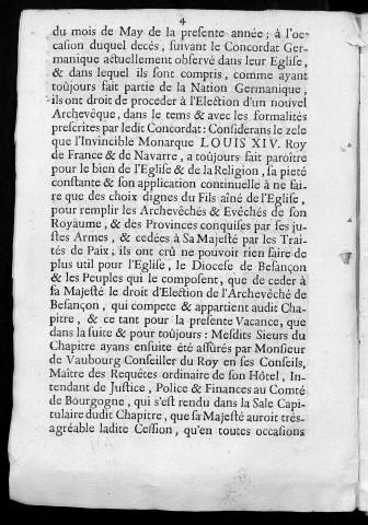 Concordat fait entre Louis XIV... et Messieurs les hauts-doyens et chanoines de l'illustre Chapitre de l'Eglise métropolitaine de Besançon. [le 29 juin 1698]. [Suivi de : Lettres patentes (du 15 Juillet 1698) pour approuver et confirmer le concordat]