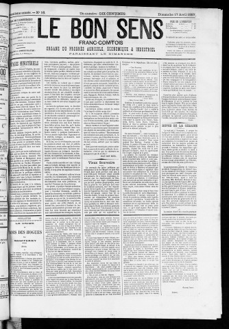 17/04/1887 - Organe du progrès agricole, économique et industriel, paraissant le dimanche [Texte imprimé] / . I