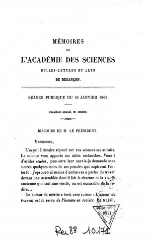 01/01/1860 - Mémoires de l'Académie des sciences, belles-lettres et arts de Besançon [Texte imprimé]
